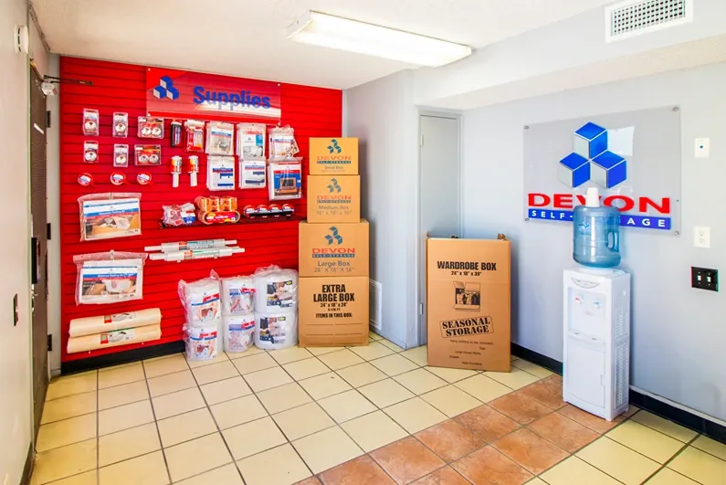Moving supplies and packing boxes available inside storage office